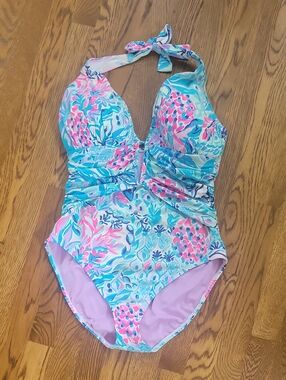 Lilly Pulitzer Halter One-Piece Swimsuit in Aqua & Pink, Size 12